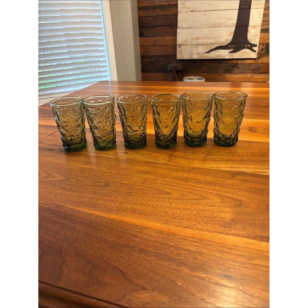Vintage Anchor Hawking Avocado Green Crinkle Small Juice Glasses 4” Set of 6